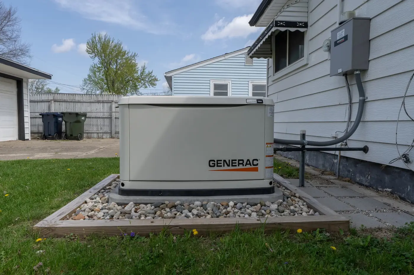 A whole-home Generac Guardian air-cooled standby generator on a pad beside a house.